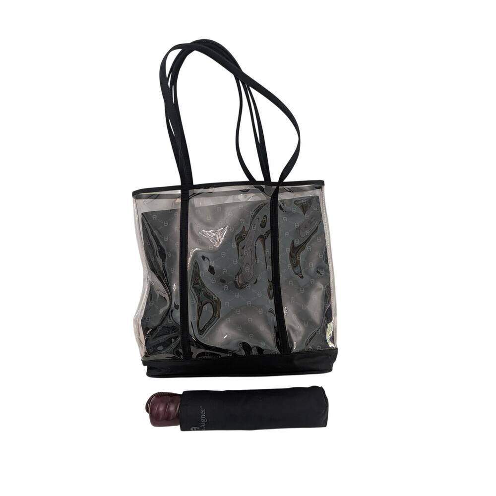 Aigner 3-Piece Set: Clear Transparent PVC Tote Bag & Matching Logo Umbrella